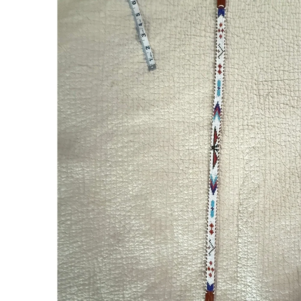 Southwestern Beaded Leather Belt Size 38 Brown White Turquoise Tribal Western